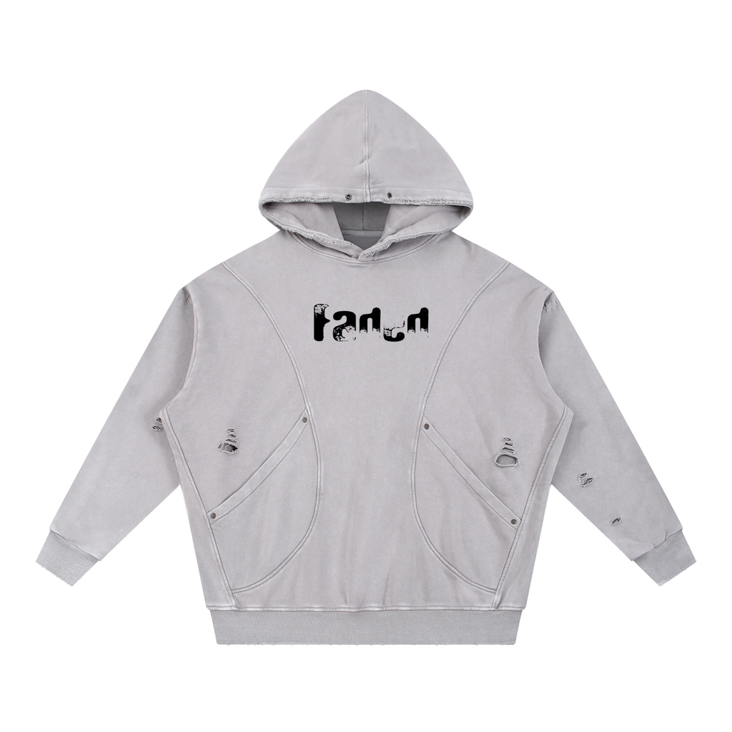 Snow Washed Distressed Panel Pocket Hoodie