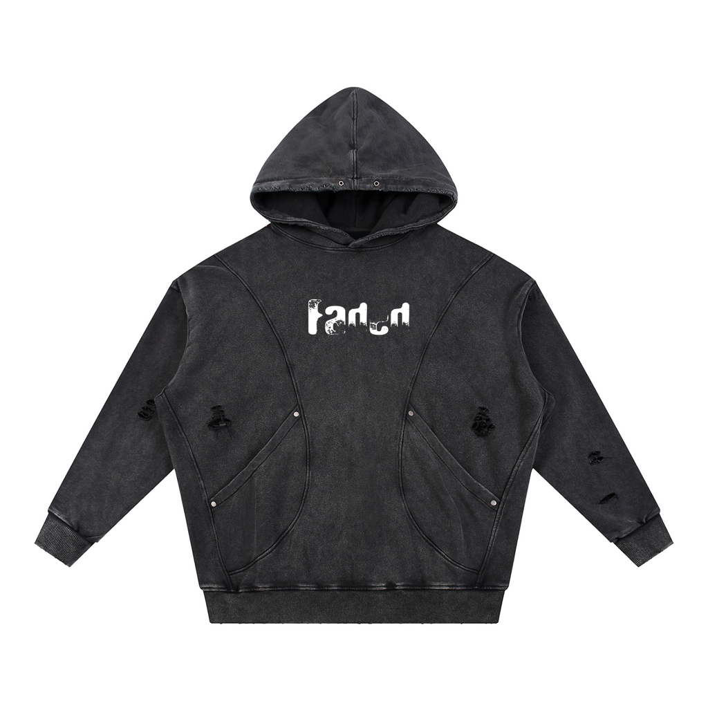 Snow Washed Distressed Panel Pocket Hoodie