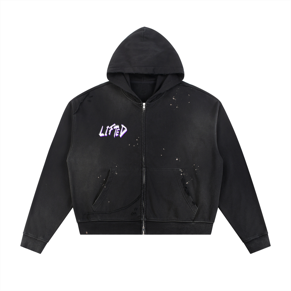 Sun Fade Frayed Raw Edge Fleece Zip Hoodie